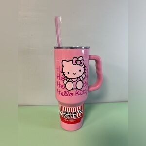 Hello Kitty Waving Pink Stainless Steel Tumbler with Handle and Straw, 40 Ounces